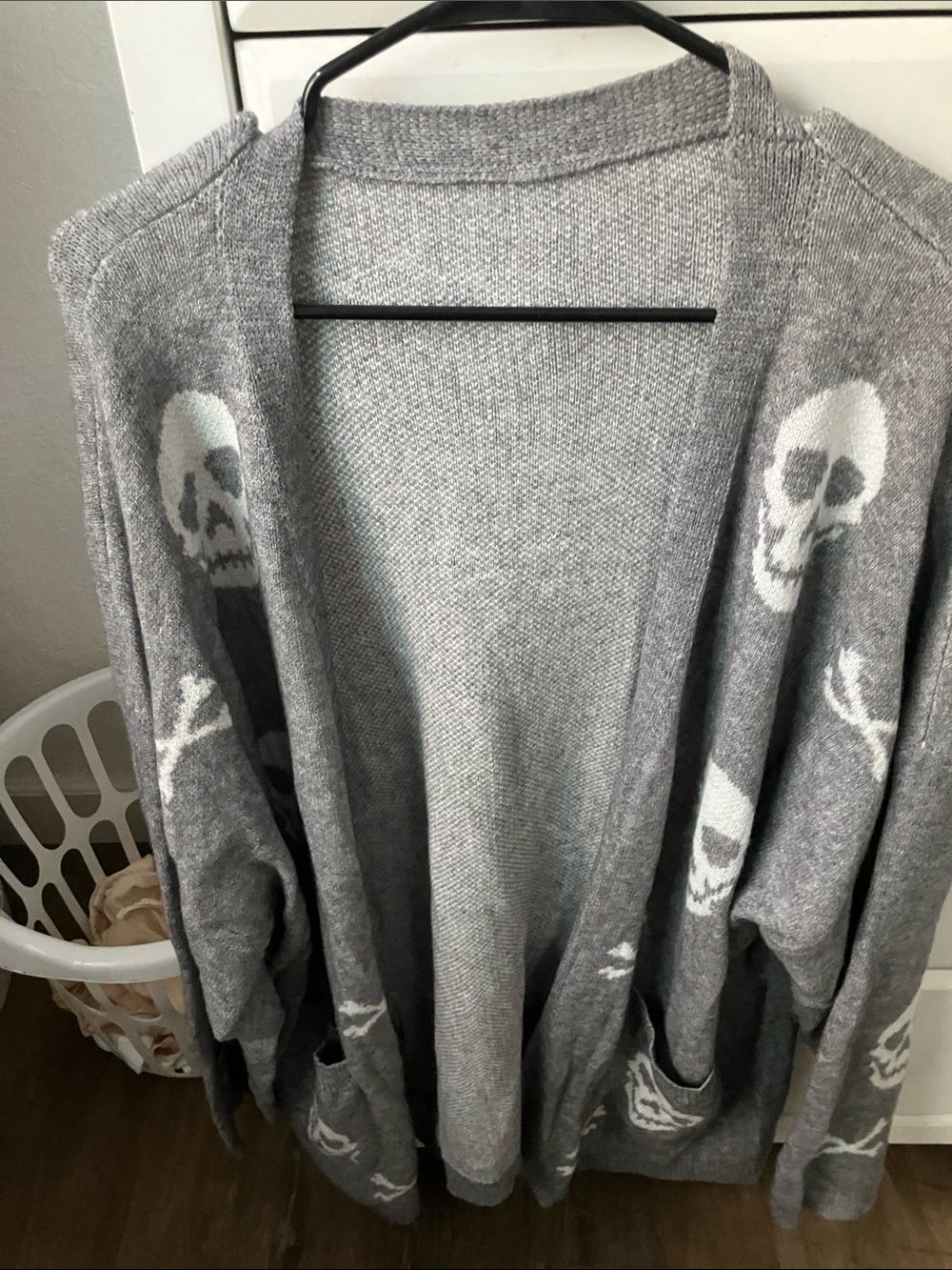 BloomChic Gray and White Skull Open-Front Cardigan